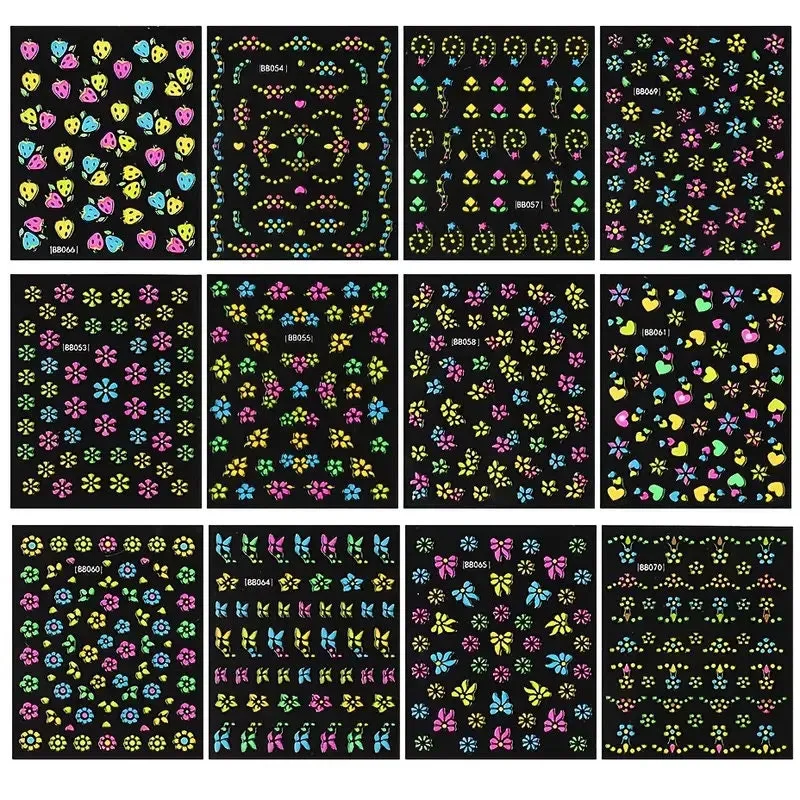 24 Pcs Colorful Fluorescence 3D Nail Art Stickers Set Flowers Slider For Girls Floral French Leaves Butterfly Foil Adhesive Decal Polish