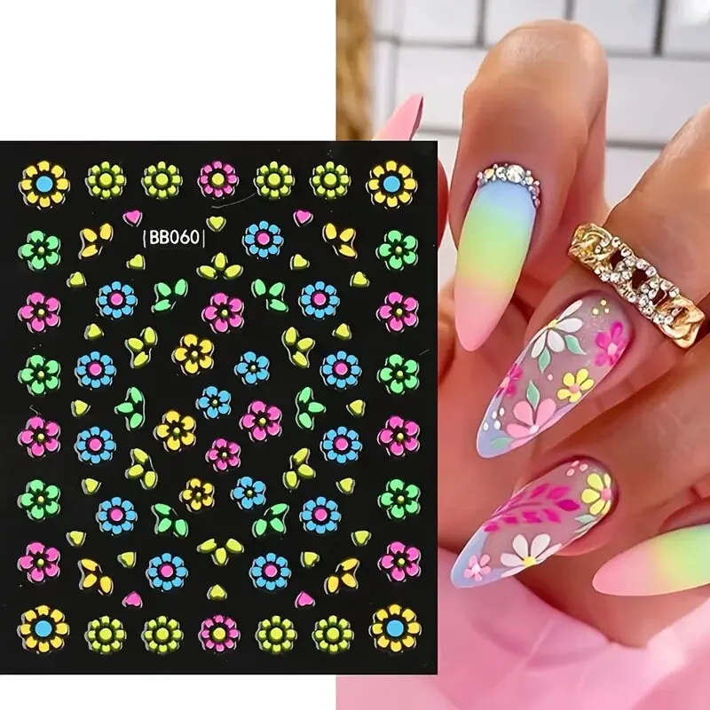 24 Pcs Colorful Fluorescence 3D Nail Art Stickers Set Flowers Slider For Girls Floral French Leaves Butterfly Foil Adhesive Decal Polish