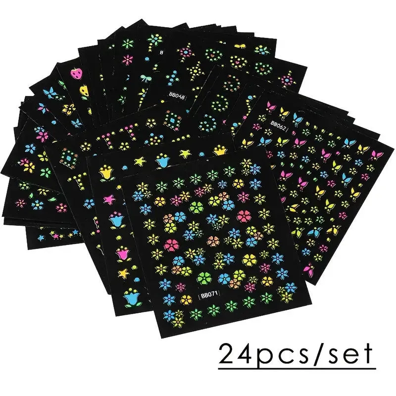 24 Pcs Colorful Fluorescence 3D Nail Art Stickers Set Flowers Slider For Girls Floral French Leaves Butterfly Foil Adhesive Decal Polish