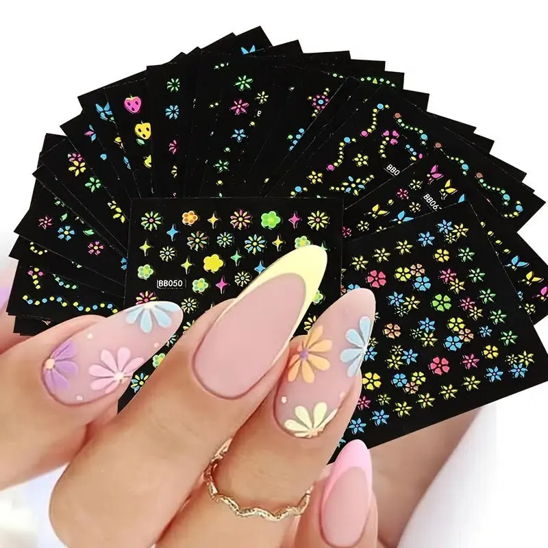 24 Pcs Colorful Fluorescence 3D Nail Art Stickers Set Flowers Slider For Girls Floral French Leaves Butterfly Foil Adhesive Decal Polish