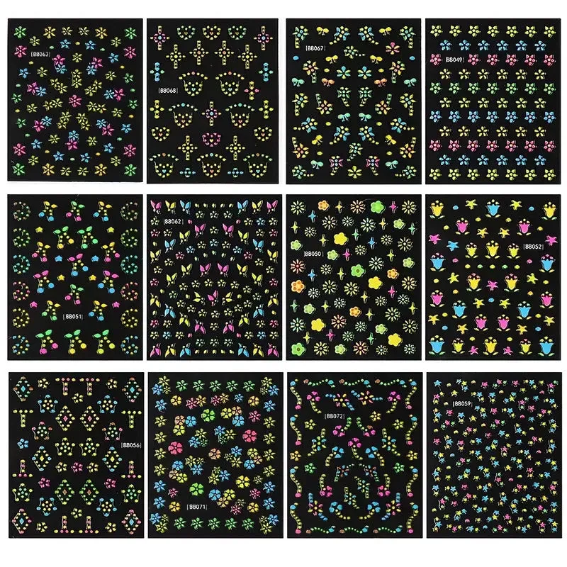 24 Pcs Colorful Fluorescence 3D Nail Art Stickers Set Flowers Slider For Girls Floral French Leaves Butterfly Foil Adhesive Decal Polish