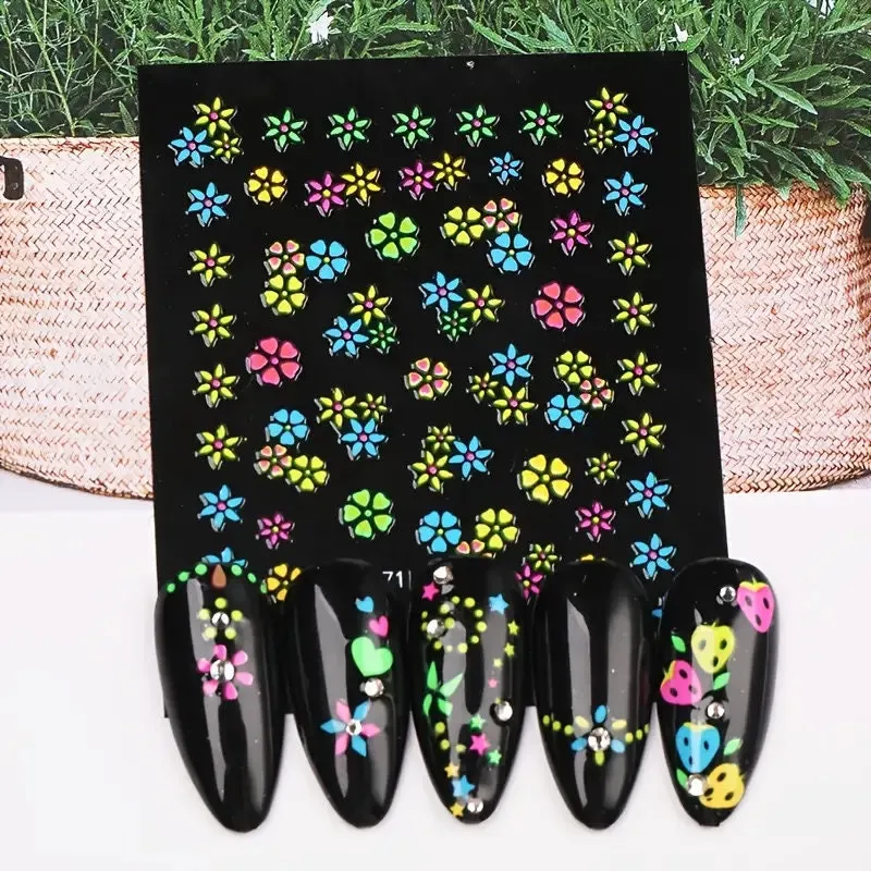 24 Pcs Colorful Fluorescence 3D Nail Art Stickers Set Flowers Slider For Girls Floral French Leaves Butterfly Foil Adhesive Decal Polish