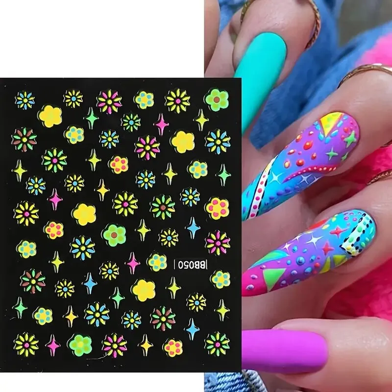 24 Pcs Colorful Fluorescence 3D Nail Art Stickers Set Flowers Slider For Girls Floral French Leaves Butterfly Foil Adhesive Decal Polish