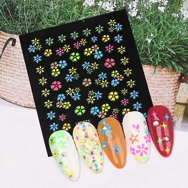 24 Pcs Colorful Fluorescence 3D Nail Art Stickers Set Flowers Slider For Girls Floral French Leaves Butterfly Foil Adhesive Decal Polish